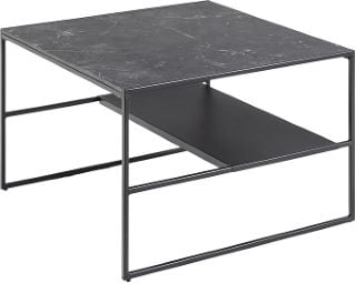 2 COFFEE TABLE WITH ONE SHELF, MARBLE EFFECT TOP, BLACK METAL BASE