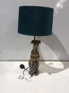 WILLIAM THE WHIPPET TABLE LAMP WITH TEEL VELVET SHADE TO INCLUDE GLASS FIBER BOY FIGURE