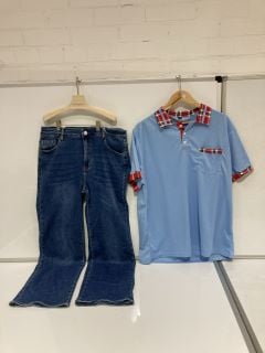 QTY OF ASSORTED CLOTHING ITEMS TO INCLUDE RED SEVENTY SIZE 48 DENIM JEANS