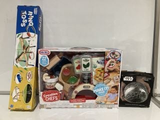 A BOX OF ASSORTED ITEMS TO INCLUDE LITTLE TIKES CREATIVE CHEF PIZZA KIT