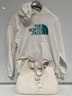 A BOX OF ASSORTED ITEMS TO INCLUDE NORTH FACE WHITE JUMPER SIZE LARGE