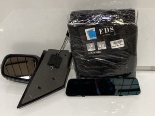 A BOX OF ASSORTED ITEMS TO INCLUDE BLACK CAR MATS WITH RED OUTLINE