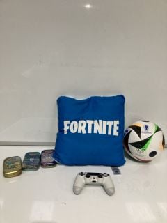 A BOX OF ASSORTED ITEMS TO INCLUDE MITRE IMPEL CLUB YELLOW FOOTBALL SIZE 3