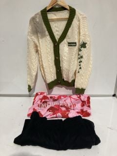 A BOX OF ASSORTED CLOTHES TO INCLUDE EVERMORE WOMENS CREAM/GREEN CARDIGAN