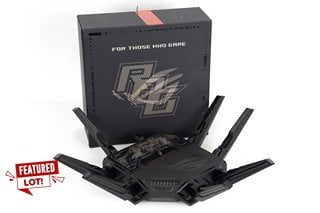 ASUS ROG RAPTURE QUAD BAND WIFI 7 GAMING ROUTER: MODEL GT-BE98 - RRP £680 (DAMAGE TO 1 FIN, NO MAINS PLUG): LOCATION - FRONT BOOTH