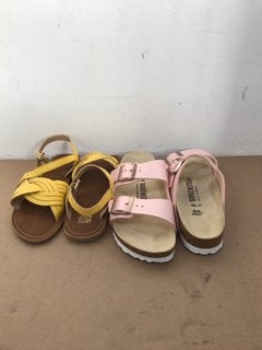 PAIR OF CHILDRENS BIRKENSTOCK BUCKLE SANDALS IN METALLIC PINK - UK 3 TO ALSO INCLUDE PAIR OF CHILDRENS FAUX LEATHER SANDALS IN MUSTARD - UK 2.5: LOCATION - I5