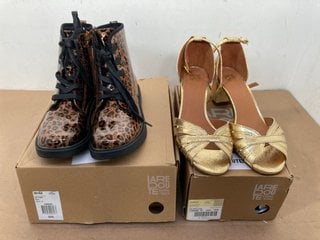 PAIR OF WOMENS HEELS IN GOLD - UK 6.5 TO ALSO INCLUDE PAIR OF ANIMAL PRINT PU ANKLE BOOTS IN BRONZE/BLACK - UK 2.5: LOCATION - I3