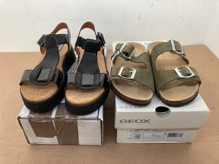 PAIR OF GEOX SUEDE BUCKLE SANDALS IN KHAKI - UK 4 TO ALSO INCLUDE PAIR OF GEOX PLATFORM PU SANDALS IN BLACK - UK 4: LOCATION - I3