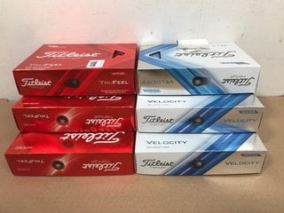 3 X TITLEIST TRUE FEEL GOLF BALLS AND 3 X TITLEIST VELOCITY GOLF BALLS TO ALSO INCLUDE WOODEN STORAGE BOX: LOCATION - I11