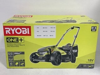 RYOBI ONE + 18V CORDLESS LAWNMOWER - MODEL NO: RLM18X33B40 - RRP £219.99: LOCATION - FRONT BOOTH