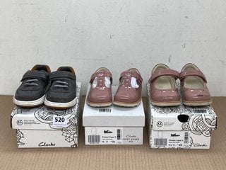 2 X CLARKS CHILDRENS CROWN JANE SHOES IN DUSTY PINK - UK 6/8.5 TO ALSO INCLUDE CLARKS CHILDRENS FAWN FAMILY TRAINERS IN GREY - UK 9.5: LOCATION - E3