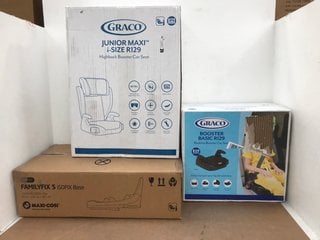 3 X ASSORTED BABY CAR SEAT ITEMS TO INCLUDE GRACO JUNIOR MAXI I-SIZE R129 HIGHBACK BOOSTER SEAT: LOCATION - E8