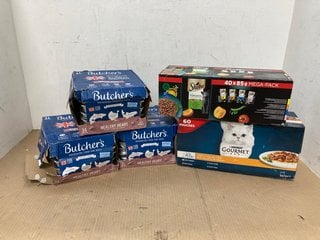 5 X BOXES OF ASSORTED PET FOOD ITEMS TO INCLUDE 3 X BOXES OF BUTCHERS GRAIN FREE HEALTHY HEART CAT FOOD - BBE 5/26: LOCATION - E13