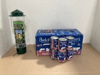 QTY OF BUTCHERS GRAIN FREE HEALTHY HEART DOG FOOD TINS - BBE 2/27 TO ALSO INCLUDE GARDEN BIRD & WILDLIFE PEST FREE SQUIRREL PROOF SEED FEEDER: LOCATION - E15