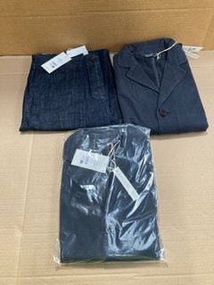 2 X TOAST GARMENT DYED BRUSHED COTTON JACKETS IN DARK NAVY - UK L TO ALSO INCLUDE TOAST INDIGO DENIM WORKWEAR TROUSERS - UK 14: LOCATION - J6