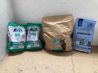 4 X ASSORTED PET ITEMS TO INCLUDE 2 X PACKS OF AVA OPTIMUM HEALTH 2KG CAT BISCUITS - BBE 18/2/26: LOCATION - J8