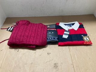 3 X ASSORTED CREW CLOTHING COMPANY CLOTHING ITEMS TO INCLUDE CALLINGTON RUGBY TOP IN RED/WHITE/NAVY - UK XL: LOCATION - J9