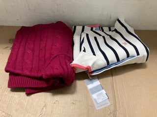 CREW CLOTHING COMPANY HERITAGE CABLE HOODIE IN BEET RED - UK 8 TO ALSO INCLUDE CREW CLOTHING COMPANY PADSTOW PIQUE SWEATSHIRT IN WHITE/NAVY - UK 8 - COMBINED RRP £119.99: LOCATION - J9