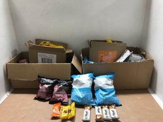 QTY OF ASSORTED FOOD ITEMS TO INCLUDE BOX OF HUEL PEANUT CARAMEL COMPLETE NUTRITION BARS - BBE 2/5/25: LOCATION - J13