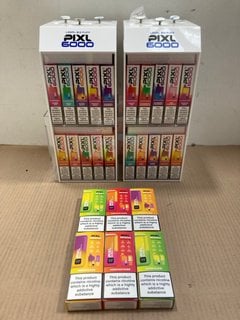 2 X BOXES OF ASSORTED PIXL 6000 PUFF 20MG DISPOSABLE VAPES IN VARIOUS FLAVOURS TO INCLUDE SUNSET CRUSH - (PLEASE NOTE: 18+YEARS ONLY. ID MAY BE REQUIRED): LOCATION - E0