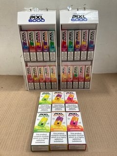 2 X BOXES OF ASSORTED PIXL 6000 PUFF 20MG DISPOSABLE VAPES IN VARIOUS FLAVOURS TO INCLUDE TROPICAL WAVE - (PLEASE NOTE: 18+YEARS ONLY. ID MAY BE REQUIRED): LOCATION - E0