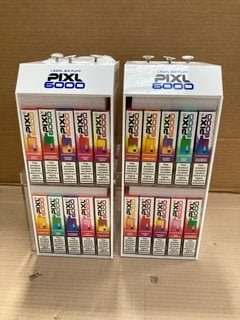 2 X BOXES OF ASSORTED PIXL 6000 PUFF 20MG DISPOSABLE VAPES IN VARIOUS FLAVOURS TO INCLUDE MANGO ICE - (PLEASE NOTE: 18+YEARS ONLY. ID MAY BE REQUIRED): LOCATION - E0