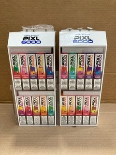 2 X BOXES OF ASSORTED PIXL 6000 PUFF 20MG DISPOSABLE VAPES IN VARIOUS FLAVOURS TO INCLUDE SUNSET CRUSH - (PLEASE NOTE: 18+YEARS ONLY. ID MAY BE REQUIRED): LOCATION - E0