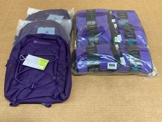 6 X MOUNTAIN WAREHOUSE MICROFIBRE TRAVEL TOWELS IN DUSKY PURPLE TO ALSO INCLUDE 3 X MOUNTAIN WAREHOUSE WALKLET 6L MINI BACKPACKS IN DARK PURPLE: LOCATION - J17