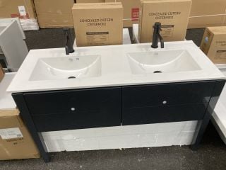 (COLLECTION ONLY) FLOOR STANDING 2 LEGGED BTW TWIN SINK UNIT IN GLOSS GREY WITH A 1200 X 460MM TWIN CERAMIC BASIN TOP & 2 X BLACK MONO BASIN MIXER TAP WITH SPRUNG WASTES - RRP £1160: LOCATION - A2