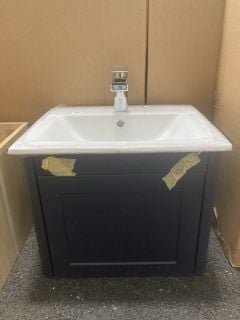 (COLLECTION ONLY) WALL HUNG 1 DRAWER SINK UNIT IN INDIGO WITH 505 X 405MM 1TH CERAMIC BASIN COMPLETE WITH A WATERFALL SPOUT MONO BASIN MIXER TAP & CHROME SPRUNG WASTE - RRP £710: LOCATION - A2