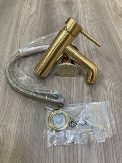 MONO BASIN MIXER TAP IN BRUSHED BRASS WITH SPRUNG WASTE RRP £215: LOCATION - R2