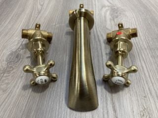 PAIR OF TRADITIONAL WALL MOUNTED STOP TAPS WITH BATH SPOUT IN BRUSHED GOLD RRP £265: LOCATION - R2