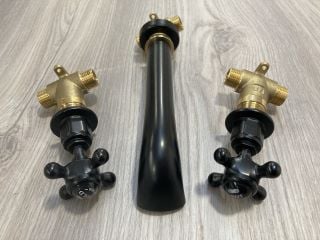 PAIR OF TRADITIONAL WALL MOUNTED STOP TAPS WITH BASIN SPOUT IN BLACK RRP £240: LOCATION - R2