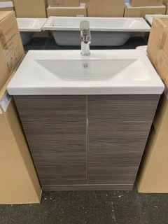 (COLLECTION ONLY) FLOOR STANDING 2 DOOR SINK UNIT IN BROWN GREY AVOLA WITH A 610 X 370MM 1TH CERAMIC BASIN COMPLETE WITH A MONO BASIN MIXER TAP AND CHROME SPRUNG WASTE RRP £735: LOCATION - A3