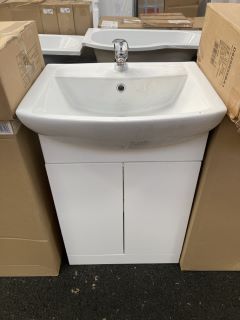 (COLLECTION ONLY) FLOOR STANDING 2 DOOR SEMI RECESSED SINK UNIT IN WHITE WITH A 560 X 430MM 1TH CERAMIC BASIN COMPLETE WITH A MONO BASIN MIXER TAP AND CHROME SPRUNG WASTE RRP £720: LOCATION - A3