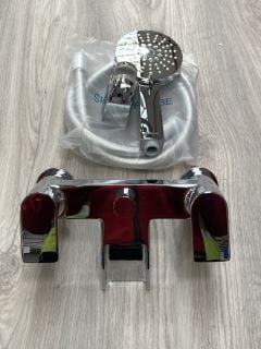 DECK MOUNTED WATERFALL SPOUT BSM IN CHROME WITH MULTI FUNCTION SHOWER HANDSET, HOSE AND WALL MOUNTING BRACKET RRP £435: LOCATION - R3