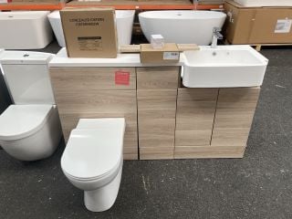 (COLLECTION ONLY) FLOOR STANDING RH SEMI RECESSED COMBINATION UNIT IN LIGHT OAK TO COMPRISE OFF A 2 DOOR VANITY BASE UNIT WITH A 1 DOOR 1 DRAW ADDITIONAL BASE UNIT WITH TOILET UNIT TO INCLUDE BTW PAN