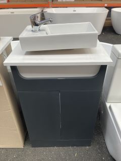 (COLLECTION ONLY) FLOOR STANDING 2 DOOR COUNTER TOP SINK UNIT IN GREY AND WHITE 550 X 260MM COMPLETE WITH A SIDE TH CERAMIC BASIN COMPLETE WITH A MONO BASIN MIXER TAP AND CHROME SPRUNG WASTE RRP £665