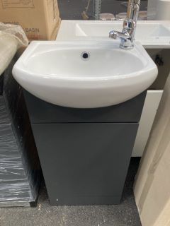 (COLLECTION ONLY) FLOOR STANDING 1 DOOR SEMI RECESSED CLOSET SINK UNIT IN GREY WITH A 410 X 300MM 1TH CERAMIC BASIN COMPLETE WITH A MONO BASIN MIXER TAP AND CHROME SPRUNG WASTE RRP £645: LOCATION - A