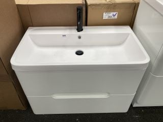 (COLLECTION ONLY) WALL HUNG 2 DRAWER SINK UNIT IN WHITE WITH A 805 X 455MM 1TH POLYMARBLE BASIN COMPLETE WITH A BLACK MONO BASIN MIXER TAP AND SPRUNG WASTE RRP £820: LOCATION - A5