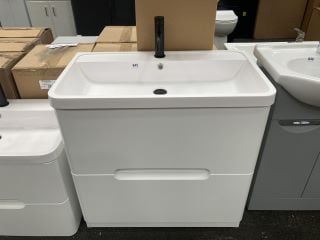 (COLLECTION ONLY) FLOOR STANDING 2 DRAWER SINK UNIT IN WHITE WITH A 805 X 455MM 1TH POLYMARBLE BASIN COMPLETE WITH A BLACK MONO BASIN MIXER TAP AND SPRUNG WASTE RRP £820: LOCATION - A5