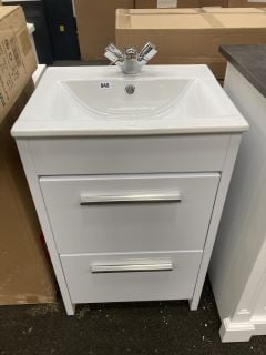 (COLLECTION ONLY) FLOOR STANDING 2 DRAWER SINK UNIT IN WHITE WITH A 510 X 400MM 1TH CERAMIC BASIN COMPLETE WITH A MONO BASIN MIXER TAP IN CHROME WITH POP UP WASTE RRP £705: LOCATION - A6