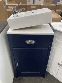 (COLLECTION ONLY) FLOOR STANDING 1 DOOR COUNTER TOP CLOSET SINK UNIT IN INDIGO AND WHITE 450 X 250MM WITH A SIDE TH BASIN COMPLETE WITH A MONO BASIN MIXER TAP AND CHROME SPRUNG WASTE: LOCATION - A6