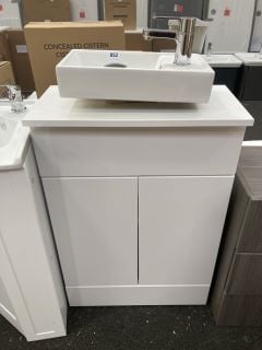 (COLLECTION ONLY) FLOOR STANDING 2 DOOR SLIMLINE COUNTER TOP SINK UNIT IN WHITE 600 X 280MM WITH A SIDE TH CERAMIC BASIN COMPLETE WITH A MONO BASIN MIXER TAP AND CHROME SPRUNG WASTE RRP £695: LOCATIO