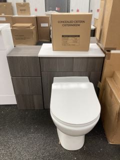 (COLLECTION ONLY) 600 X 360MM TOILET UNIT IN BODEGA GREY AND WHITE WITH BTW PAN, SEAT AND CONCEALED CISTERN FITTING KIT COMPLETE WITH A FLOOR STANDING 3 DRAWER 300MM WIDE BASE UNIT IN BODEGA GREY RRP