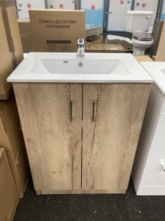 (COLLECTION ONLY) FLOOR STANDING 2 DOOR SINK UNIT IN GLADSTONE OAK WITH A 610 X 400MM 1TH CERAMIC BASIN COMPLETE WITH A MONO BASIN MIXER TAP AND CHROME SPRUNG WASTE RRP £715: LOCATION - A6