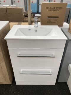 (COLLECTION ONLY) FLOOR STANDING 2 DRAWER SINK UNIT IN WHITE WITH A 610 X 400MM 1TH CERAMIC BASIN COMPLETE WITH A MONO BASIN MIXER TAP AND CHROME SPRUNG WASTE RRP £725: LOCATION - A6