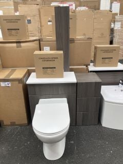 (COLLECTION ONLY) 600 X 360MM TOILET UNIT IN BODEGA GREY AND WHITE WITH BTW PAN, SEAT AND CONCEALED CISTERN FITTING KIT COMPLETE WITH A FLOOR STANDING 3 DRAWER 300MM WIDE BASE UNIT IN BODEGA GREY WIT