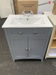 (COLLECTION ONLY) FLOOR STANDING 2 DOOR SINK UNIT IN LIGHT GREY WITH A 610 X 400MM 1TH CERAMIC BASIN COMPLETE WITH A TRADITIONAL CROSSHEAD MONO BASIN MIXER TAP WITH SPRUNG WASTE RRP £730: LOCATION -