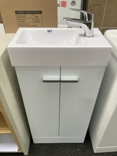 (COLLECTION ONLY) FLOOR STANDING 2 DOOR CLOSET SINK UNIT IN WHITE WITH A 410 X 225MM STH POLYMARBLE BASIN COMPLETE WITH A MONO BASIN MIXER TAP AND CHROME SPRUNG WASTE RRP £645: LOCATION - A5